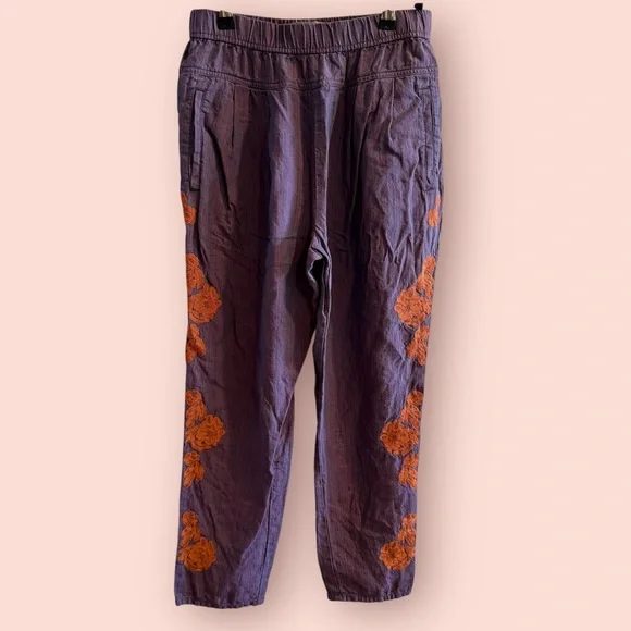 Anthropologie Purple Cropped Embroidered Linen Pants - Picture 5 of 10